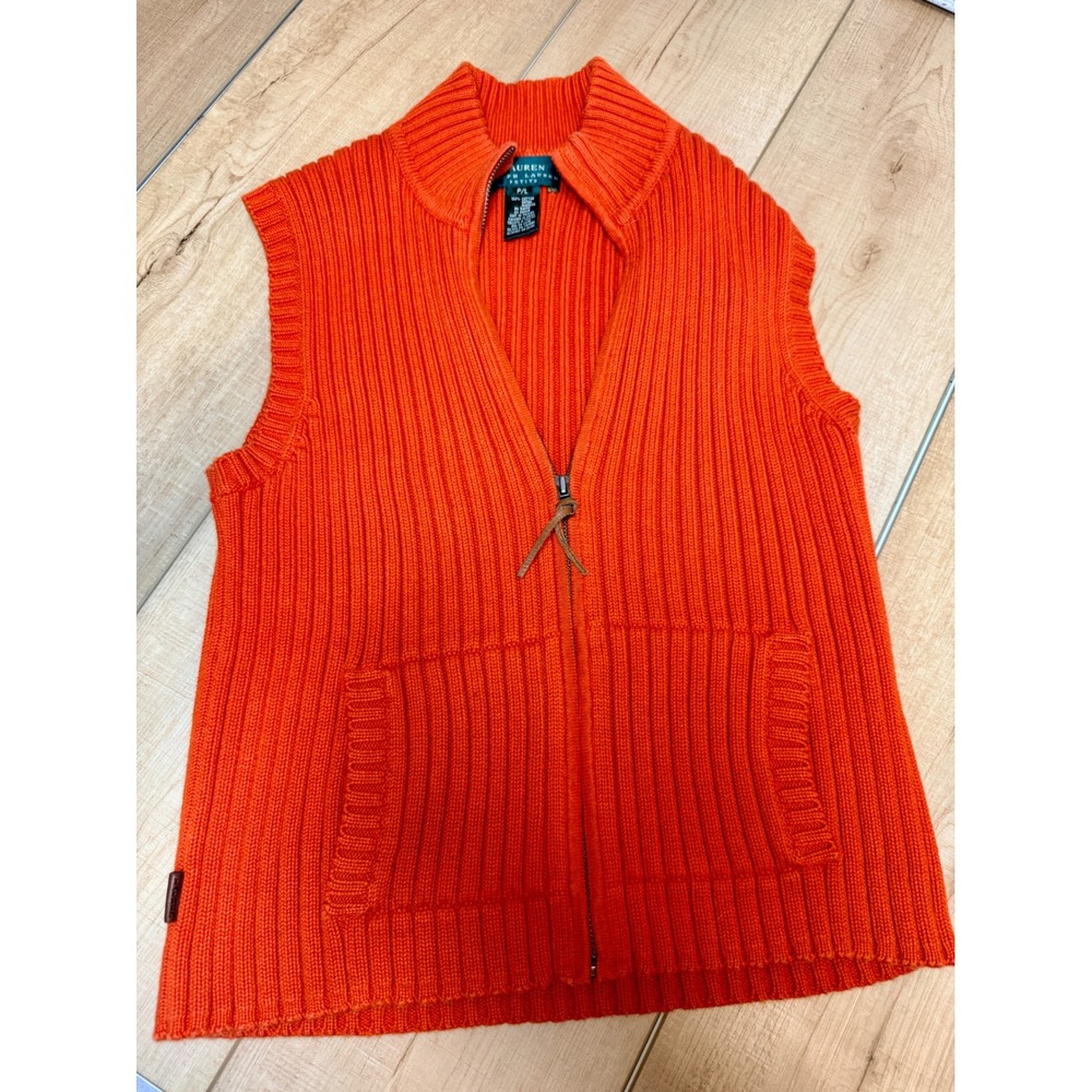 Lauren Ralph Lauren Sweater Vest Womens P/L Orange Ribbed Zip Mock Neck Cotton